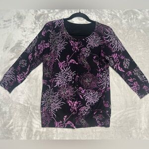 Floral Artsy 3/4 Sleeve Cardigan Sweater Purple Librarian No Size